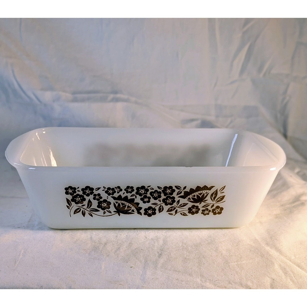 Vintage Glasbake Brown Floral Loaf Pan‎ Milk Glass Baking Dish J522 USA Retro